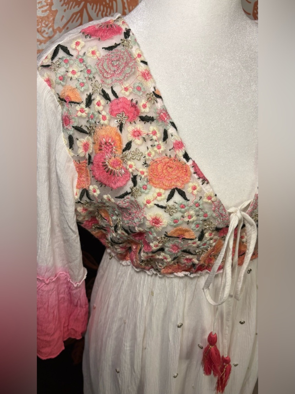 NWT Enchanting Ivory and Pink Floral Embroidered Maxi Dress with Soft Ombre Hem - Picture 6 of 9